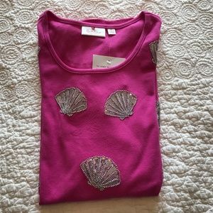 Quacker Factory bright pink t-shirt with beaded / sequined seashells (2X)
